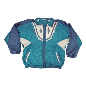 Vintage Wilson Windbreaker Jacket Women Large Teal White Southwestern Embroidery